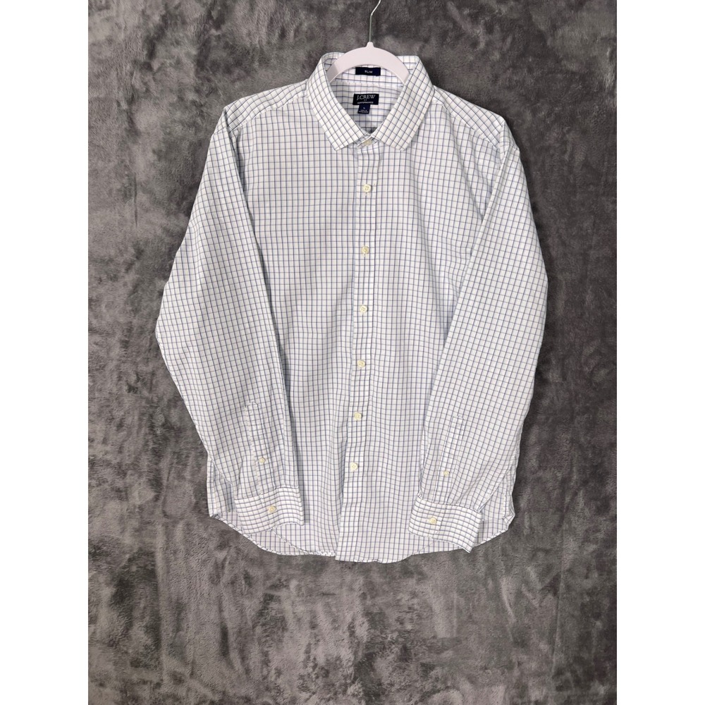 J.Crew Performance Slim Fit Button Down Shirt Mens Large White Blue Grid Check